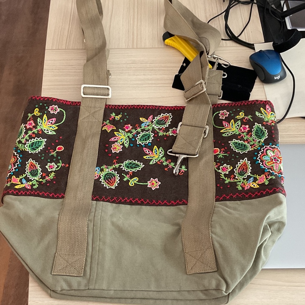 Free People Floral Embroidered Tote - Brown and Tan